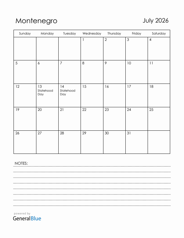 July 2026 Montenegro Calendar with Holidays (Sunday Start)