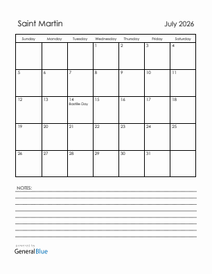 Current month calendar with Saint Martin holidays for July 2026
