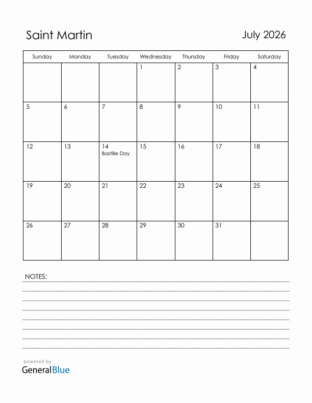 July 2026 Saint Martin Calendar with Holidays (Sunday Start)