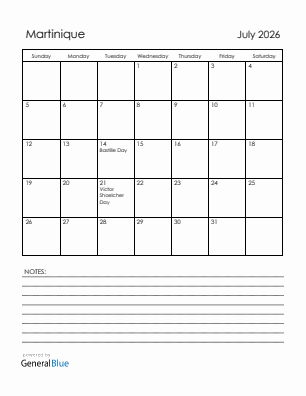 Current month calendar with Martinique holidays for July 2026