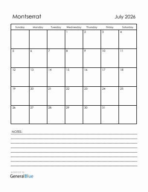 Current month calendar with Montserrat holidays for July 2026
