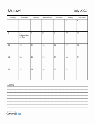 Current month calendar with Malawi holidays for July 2026