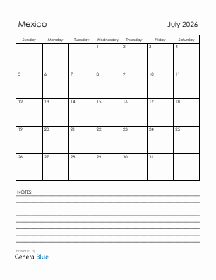Current month calendar with Mexico holidays for July 2026