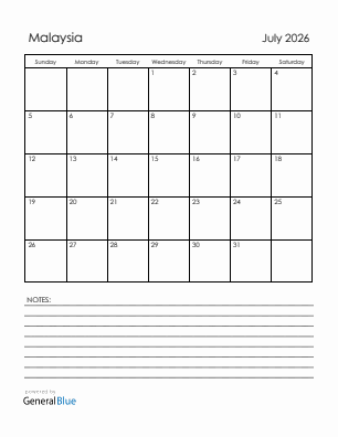 Current month calendar with Malaysia holidays for July 2026