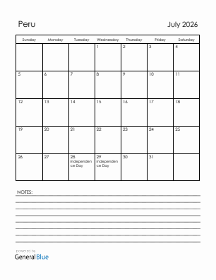 Current month calendar with Peru holidays for July 2026
