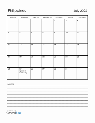 Current month calendar with Philippines holidays for July 2026