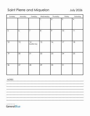 Current month calendar with Saint Pierre and Miquelon holidays for July 2026