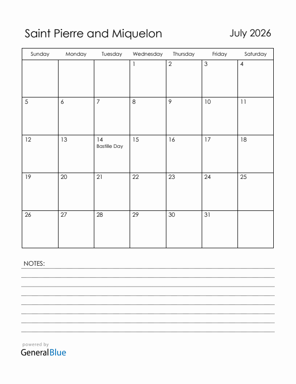 July 2026 Saint Pierre and Miquelon Calendar with Holidays (Sunday Start)