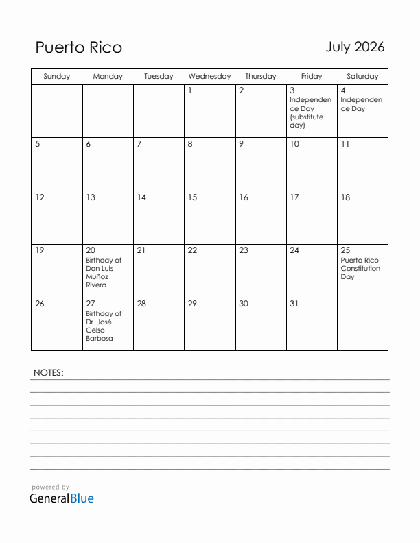 July 2026 Puerto Rico Calendar with Holidays (Sunday Start)