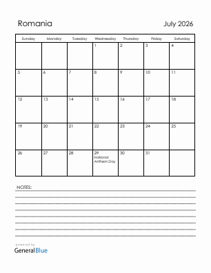 Current month calendar with Romania holidays for July 2026
