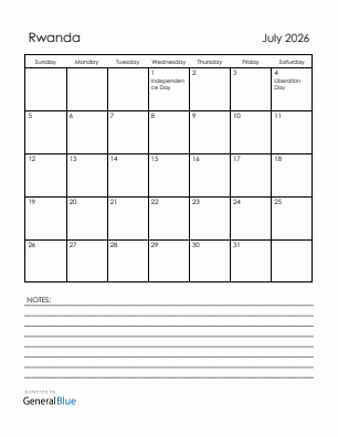 Current month calendar with Rwanda holidays for July 2026