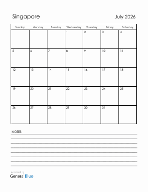 Current month calendar with Singapore holidays for July 2026
