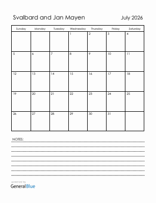 Current month calendar with Svalbard and Jan Mayen holidays for July 2026