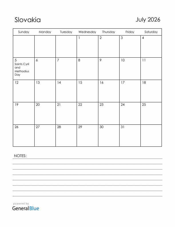 July 2026 Slovakia Calendar with Holidays (Sunday Start)