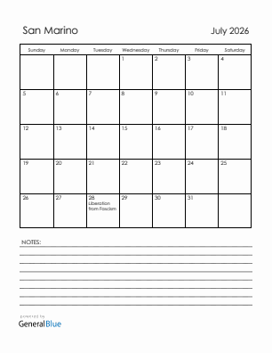 Current month calendar with San Marino holidays for July 2026