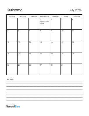 Current month calendar with Suriname holidays for July 2026