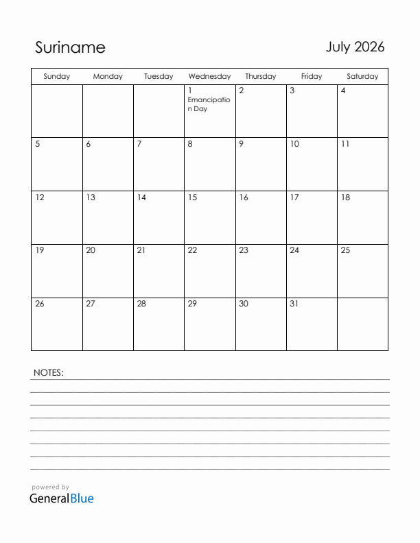 July 2026 Suriname Calendar with Holidays (Sunday Start)