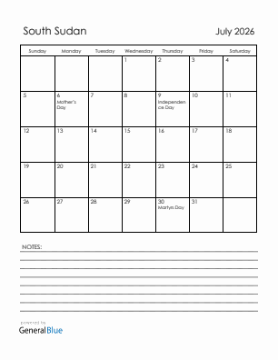 Current month calendar with South Sudan holidays for July 2026