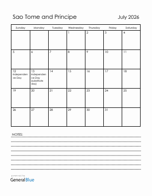 Current month calendar with Sao Tome and Principe holidays for July 2026