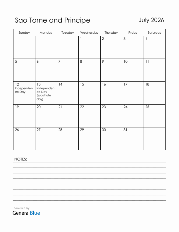 July 2026 Sao Tome and Principe Calendar with Holidays (Sunday Start)