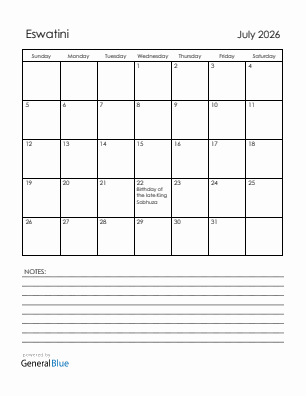 Current month calendar with Eswatini holidays for July 2026
