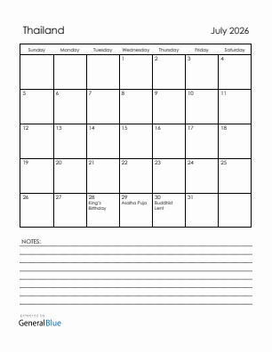 Current month calendar with Thailand holidays for July 2026