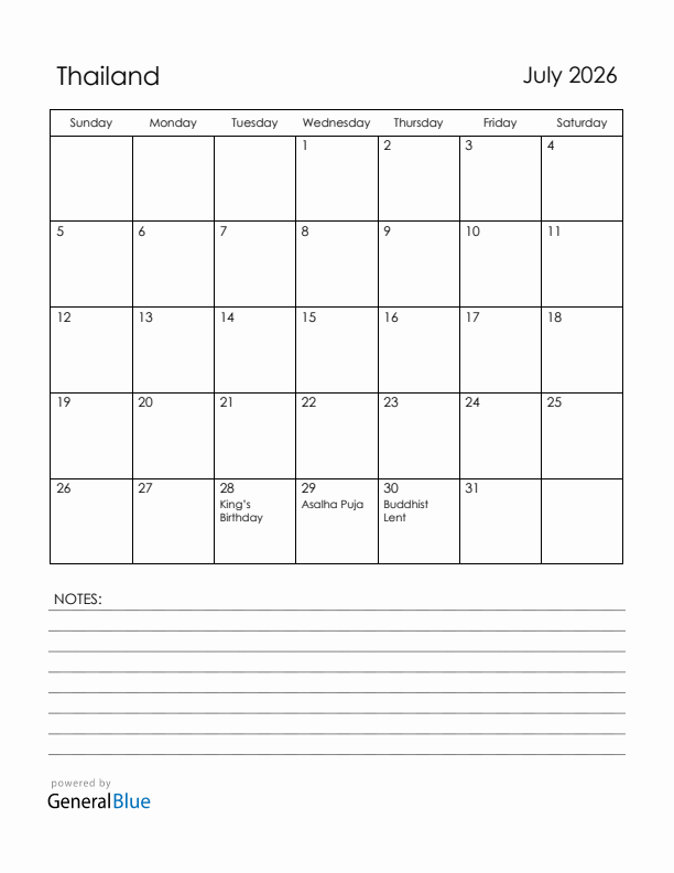 July 2026 Thailand Calendar with Holidays (Sunday Start)