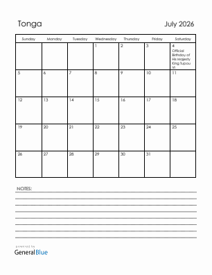 Current month calendar with Tonga holidays for July 2026