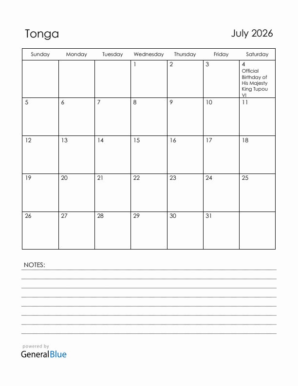 July 2026 Tonga Calendar with Holidays (Sunday Start)