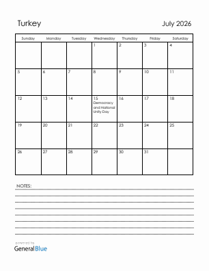 Current month calendar with Turkey holidays for July 2026