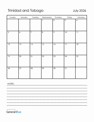 Current month calendar with Trinidad and Tobago holidays for July 2026