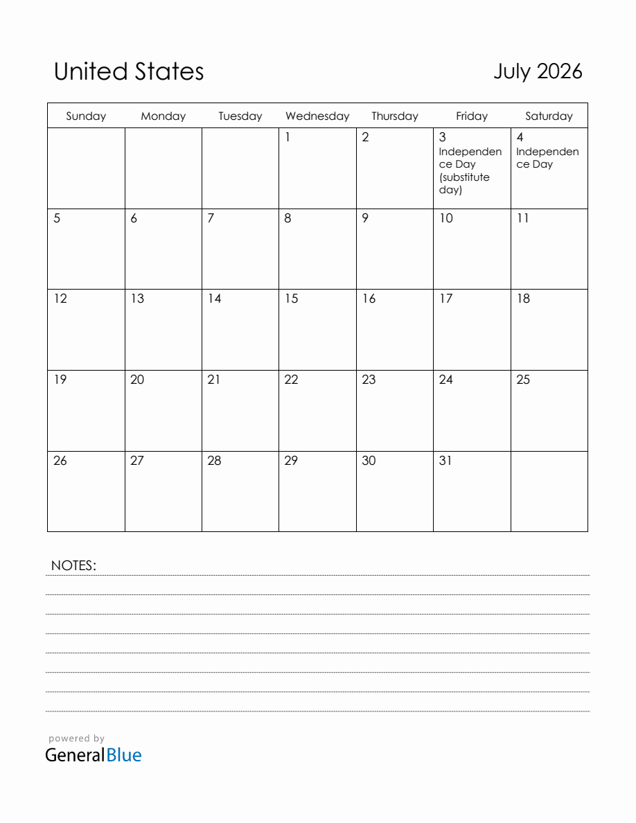 July 2026 United States Calendar with Holidays