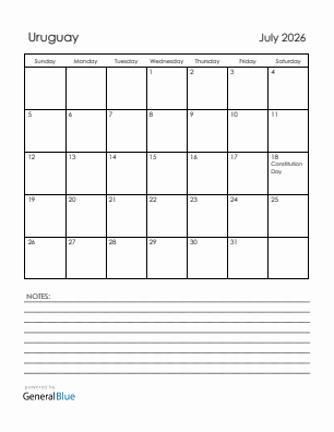 Current month calendar with Uruguay holidays for July 2026