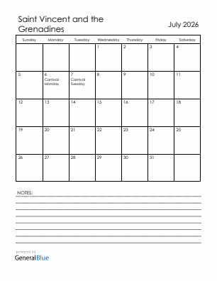 Current month calendar with Saint Vincent and the Grenadines holidays for July 2026
