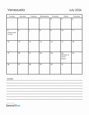 Current month calendar with Venezuela holidays for July 2026