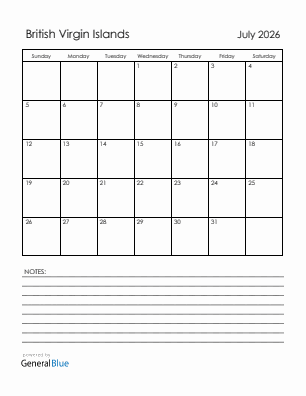 Current month calendar with British Virgin Islands holidays for July 2026