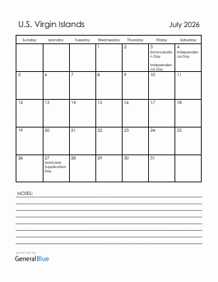 Current month calendar with U.S. Virgin Islands holidays for July 2026