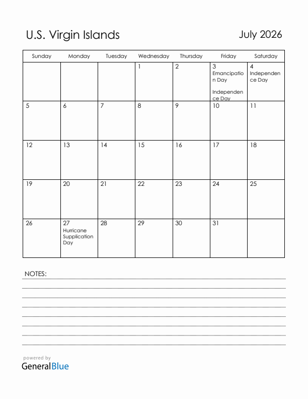 July 2026 U.S. Virgin Islands Calendar with Holidays (Sunday Start)