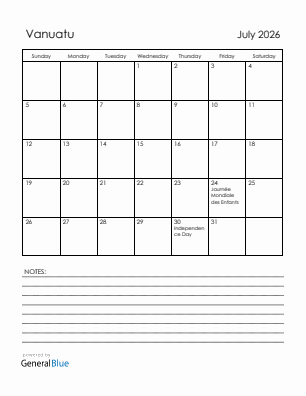 Current month calendar with Vanuatu holidays for July 2026