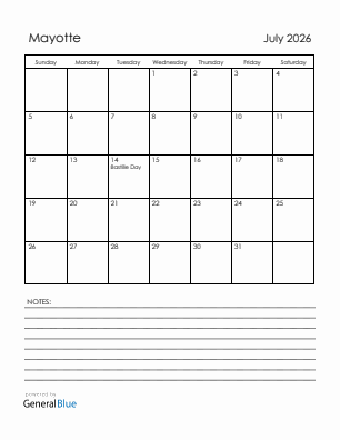 Current month calendar with Mayotte holidays for July 2026