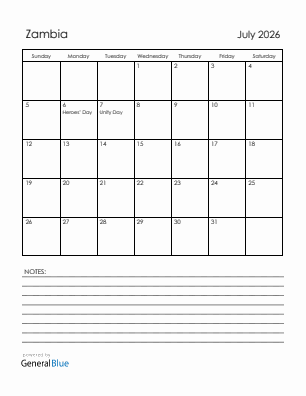 Current month calendar with Zambia holidays for July 2026