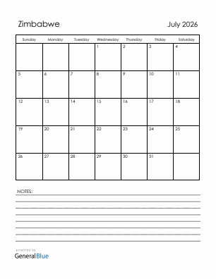 Current month calendar with Zimbabwe holidays for July 2026
