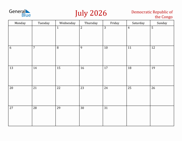 Democratic Republic of the Congo July 2026 Calendar - Monday Start
