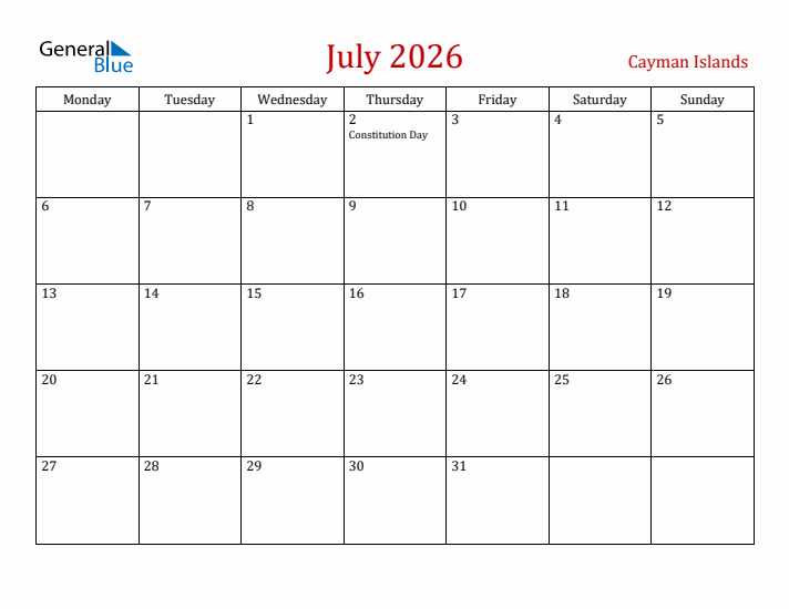 Cayman Islands July 2026 Calendar - Monday Start