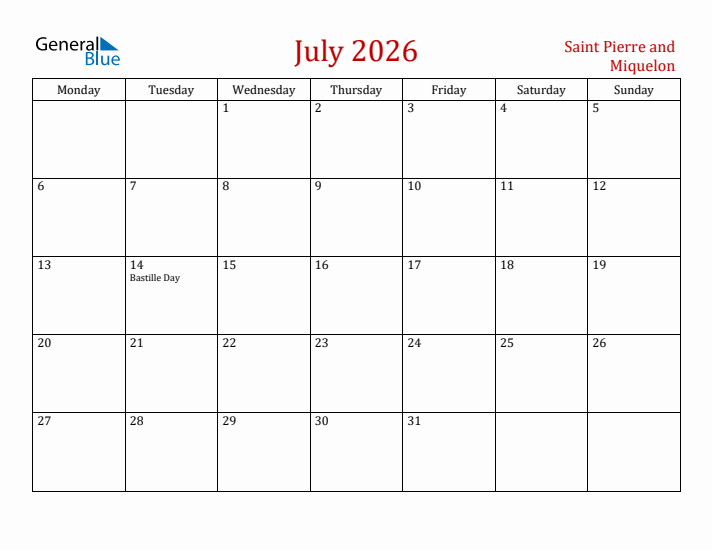 Saint Pierre and Miquelon July 2026 Calendar - Monday Start