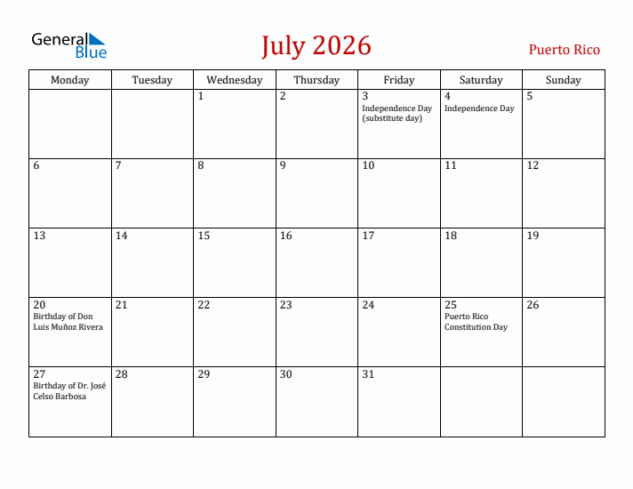 Puerto Rico July 2026 Calendar - Monday Start