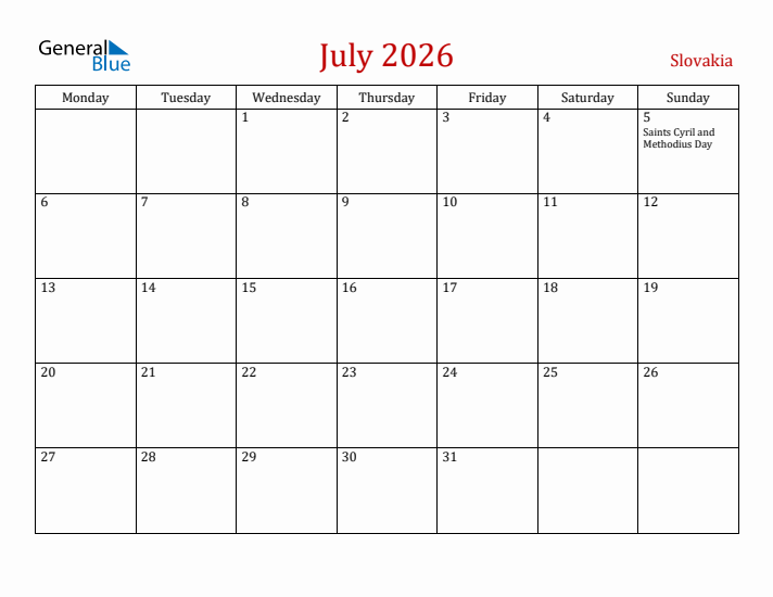 Slovakia July 2026 Calendar - Monday Start