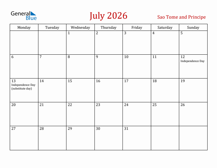 Sao Tome and Principe July 2026 Calendar - Monday Start
