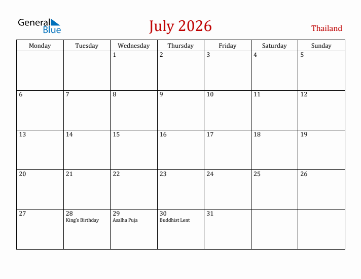 Thailand July 2026 Calendar - Monday Start