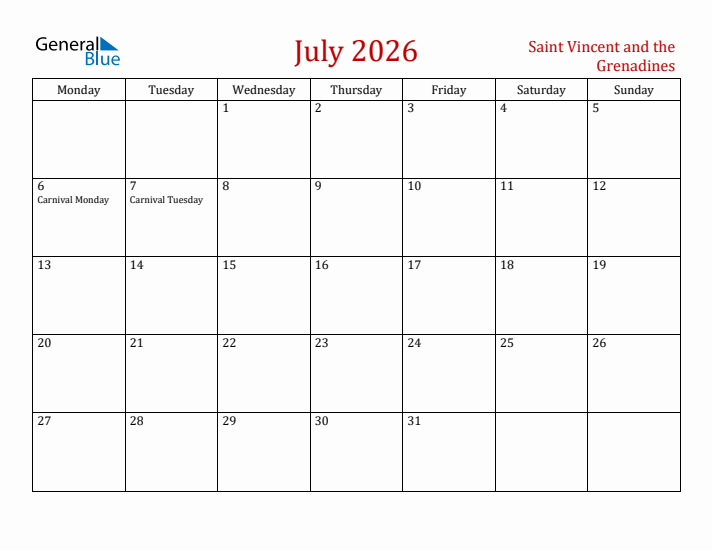 Saint Vincent and the Grenadines July 2026 Calendar - Monday Start